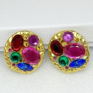 Vintage 80s Stye Gold-Tone Clip-On Statement Earrings w Multicolor Rhinestones